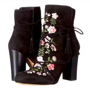 🆕 Sam Edelman Winnie Floral Embroidered‎ Suede Ankle Bootie  in Black Size 6
